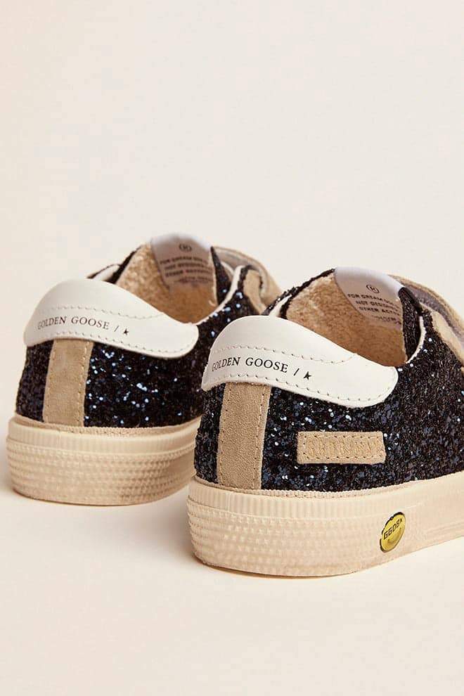 Kids | May Young Sneakers Dark Blue Glitter with Beige Suede Star & White Leather Heel Tab | Night Blue x Taupe x White - Image 8