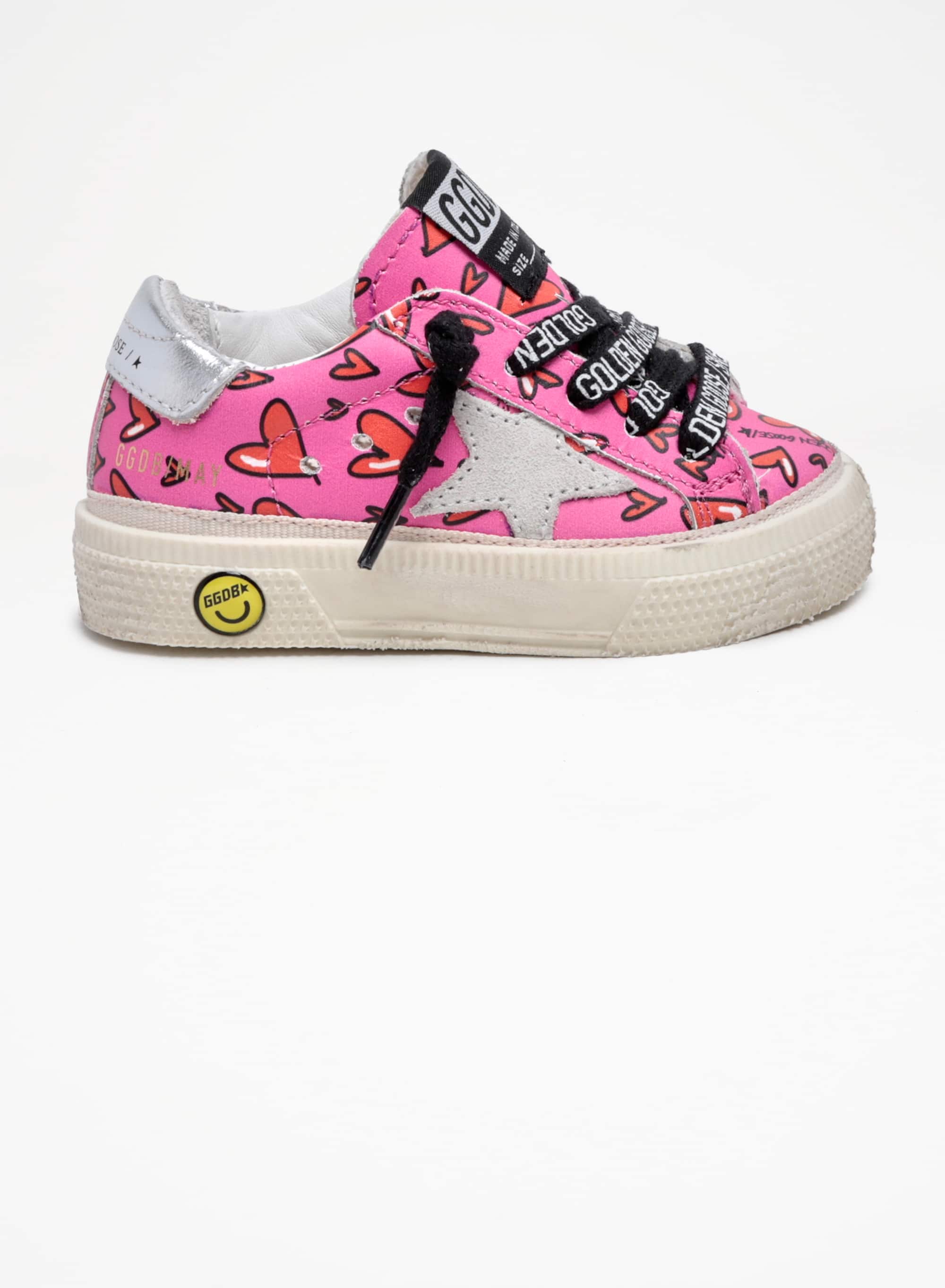 Kids | May Young Sneakers Pink Leather Decorated with Red Hearts with Grey Suede Star & Silver Leather Heel Tab | Fluo Fuxia x Red x Ice x Silver - Image 2