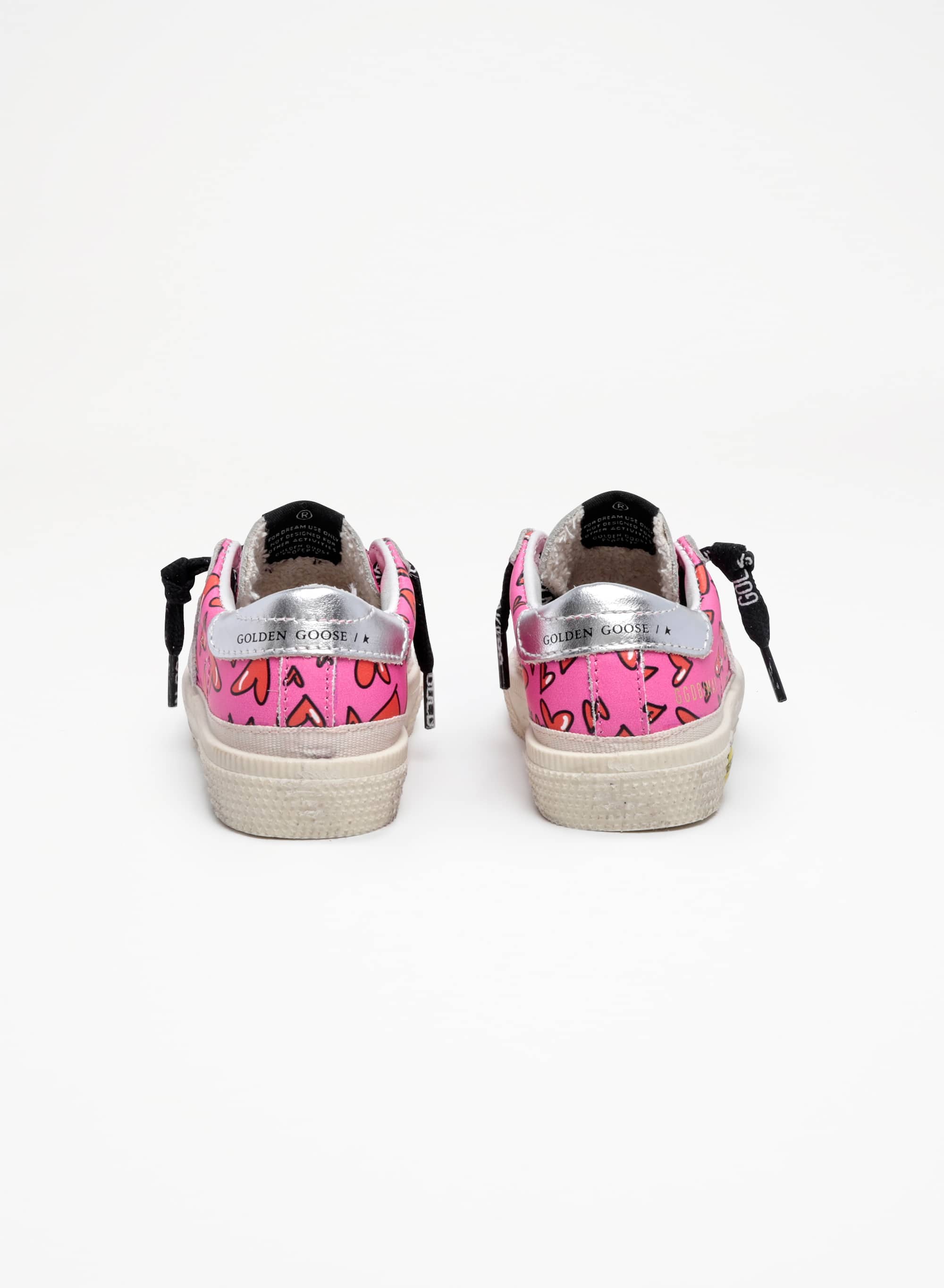 Kids | May Young Sneakers Pink Leather Decorated with Red Hearts with Grey Suede Star & Silver Leather Heel Tab | Fluo Fuxia x Red x Ice x Silver - Image 6