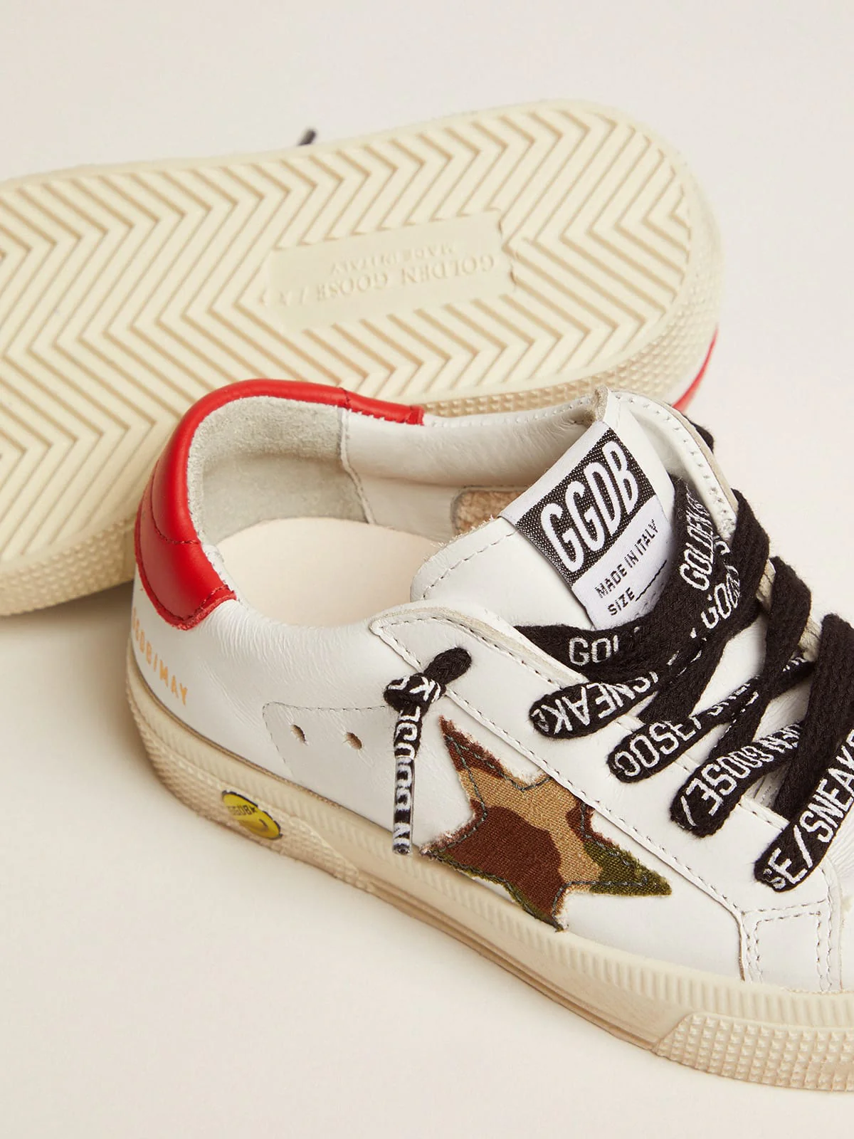 Kids | May Young with White Leather, Green Camouflage Star & Red Heel Tab | White x Green Camouflage x Red - Image 3