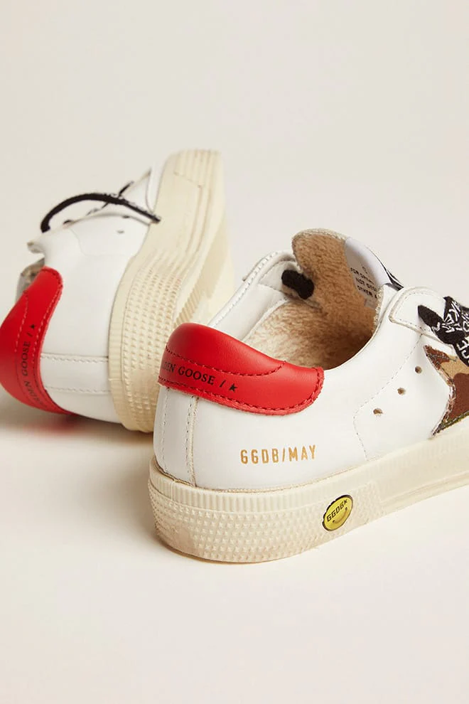 Kids | May Young with White Leather, Green Camouflage Star & Red Heel Tab | White x Green Camouflage x Red - Image 4