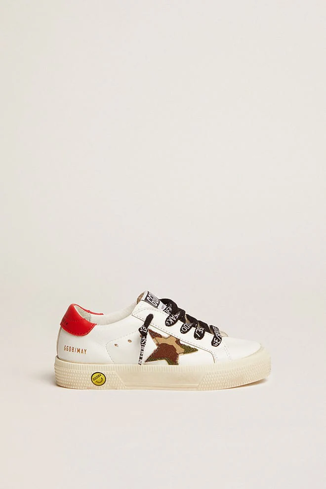 Kids | May Young with White Leather, Green Camouflage Star & Red Heel Tab | White x Green Camouflage x Red - Image 5