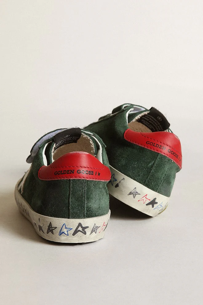 Kids | Old School Green Suede with White Star & Red Heel Tab | Green x White x Red - Image 4