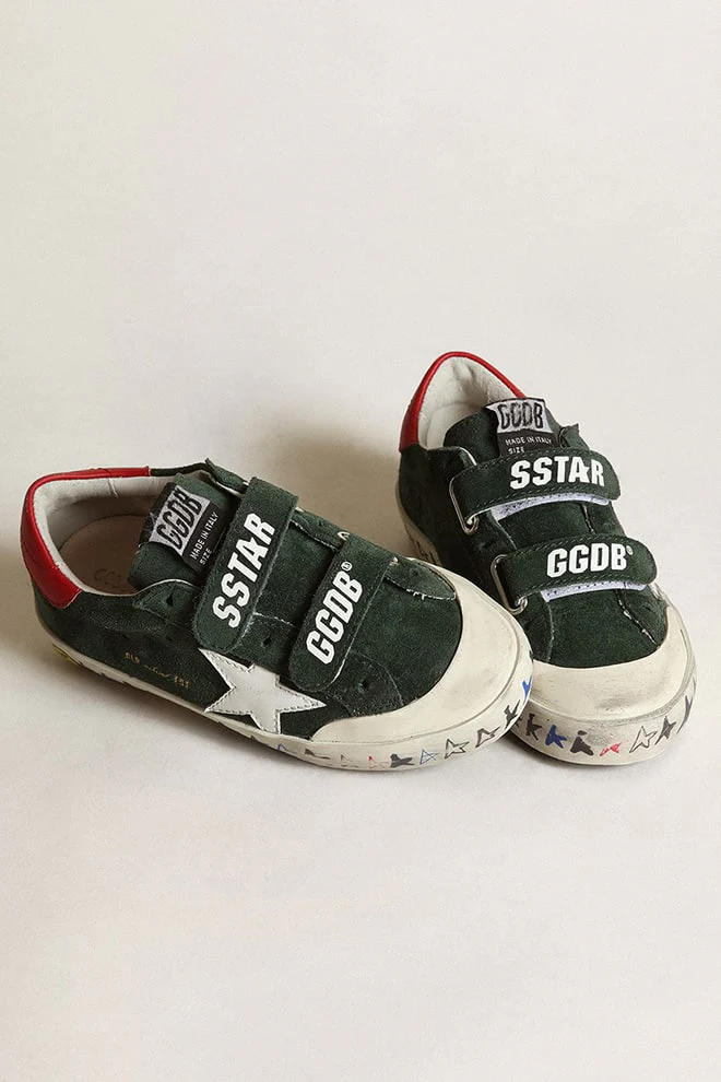 Kids | Old School Green Suede with White Star & Red Heel Tab | Green x White x Red - Image 5