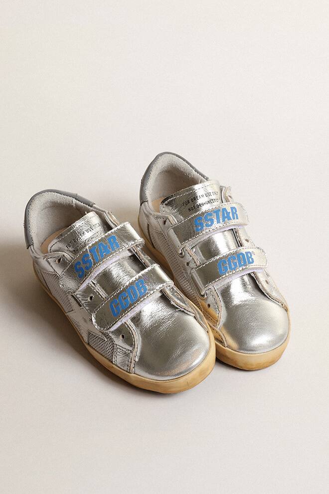 Kids | Old School Junior Silver Laminated Leather & Mesh | Silver x White x Grey - Image 3