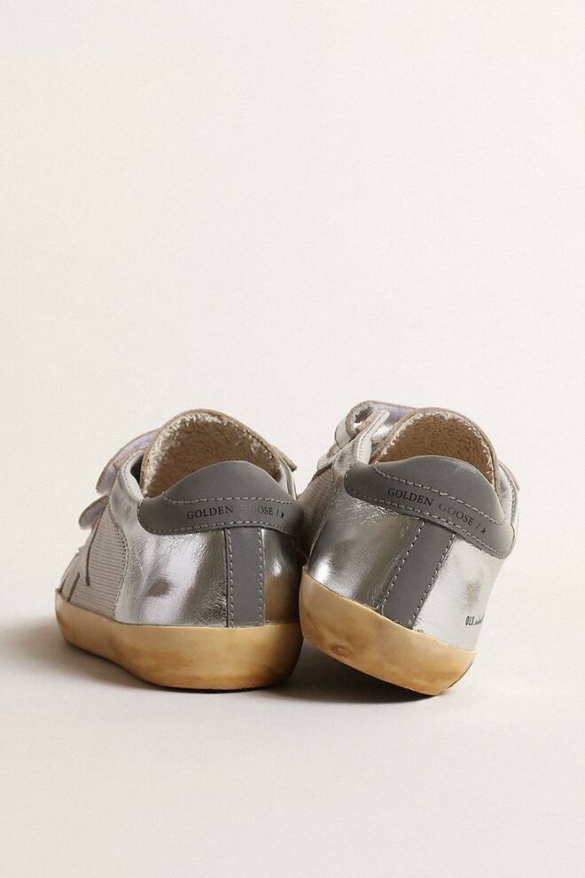 Kids | Old School Junior Silver Laminated Leather & Mesh | Silver x White x Grey - Image 4