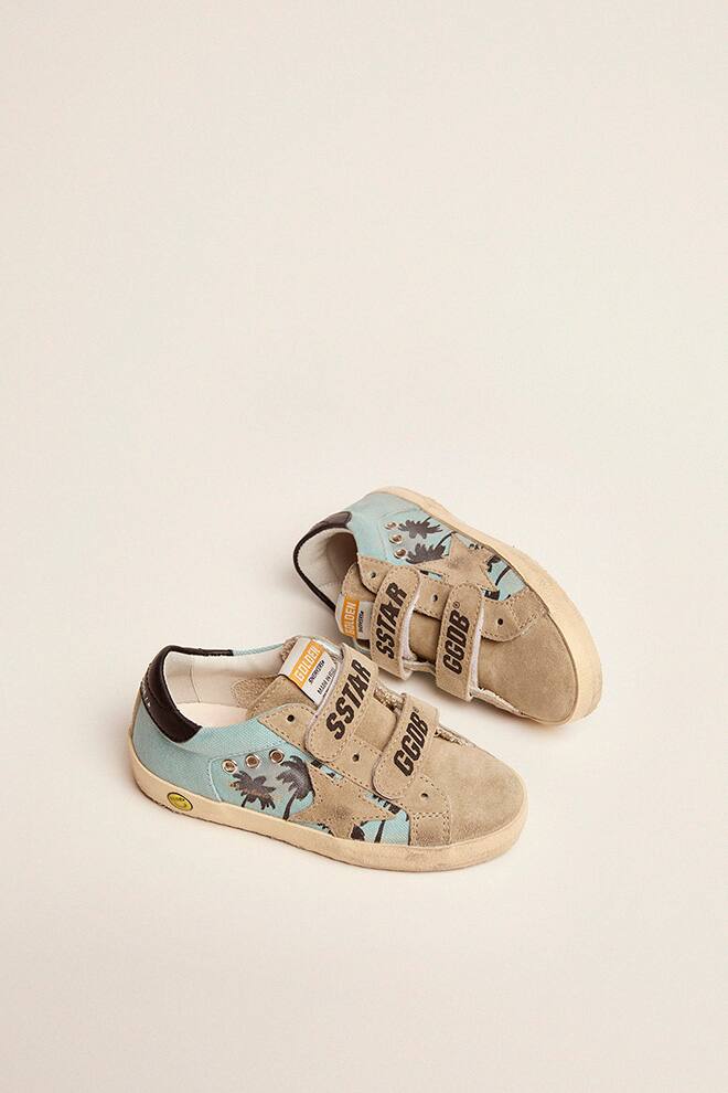 Kids | Old School Junior Turquoise Nylon with Beige Suede Star & Black Leather Heel Tab | Sage Green x Taupe x Black - Image 4
