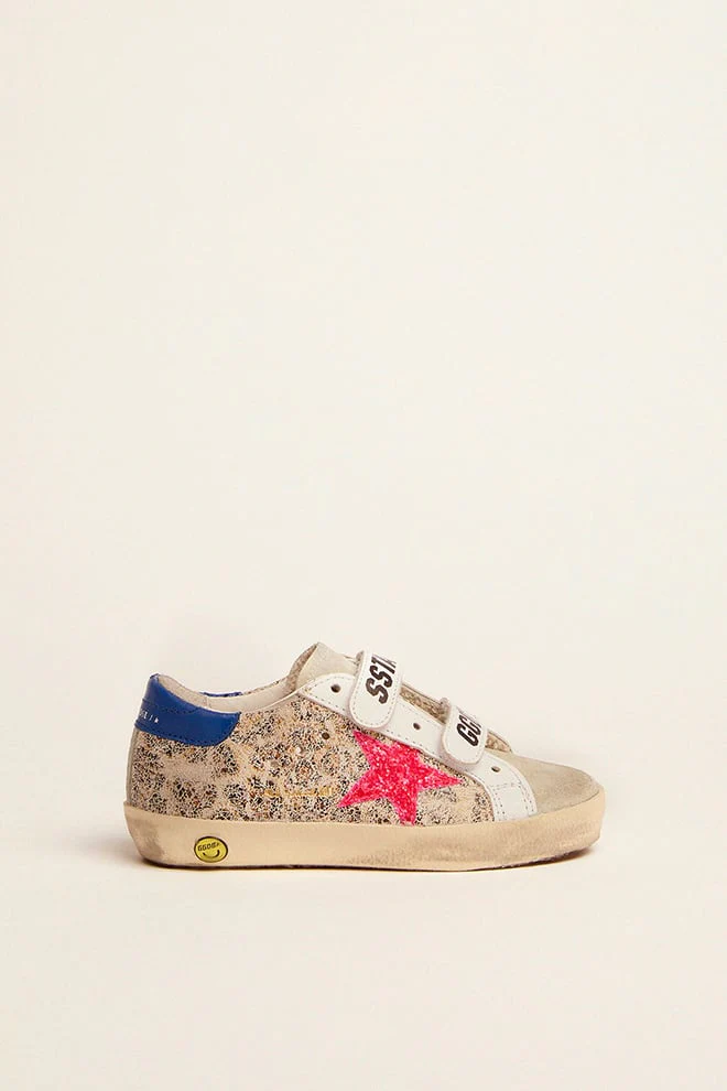 Kids | Old School Junior with Beige Leo Print, Dark Pink Glitter Star & Turquoise Heel Tab | Beige Leo x Taupe x White x Dark Pink x Turquoise - Image 5