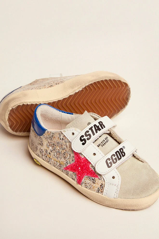 Kids | Old School Junior with Beige Leo Print, Dark Pink Glitter Star & Turquoise Heel Tab | Beige Leo x Taupe x White x Dark Pink x Turquoise - Image 6