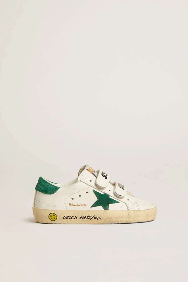 Kids | Old School Junior with Green Suede Star & Heel Tab | White x Green - Image 2