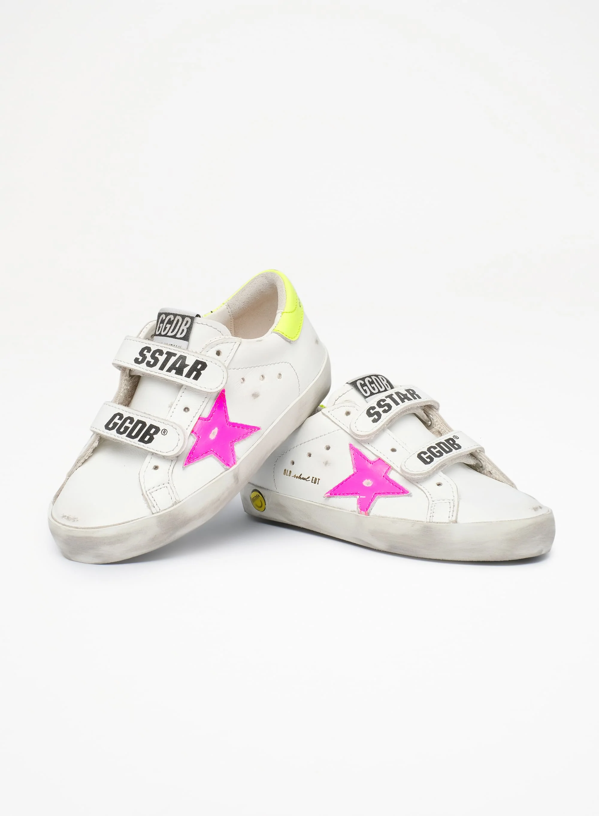Kids | Old School Junior with White Leather & Fluo Pink Star | White x Fluo Pink x Fluo Yellow - Image 3