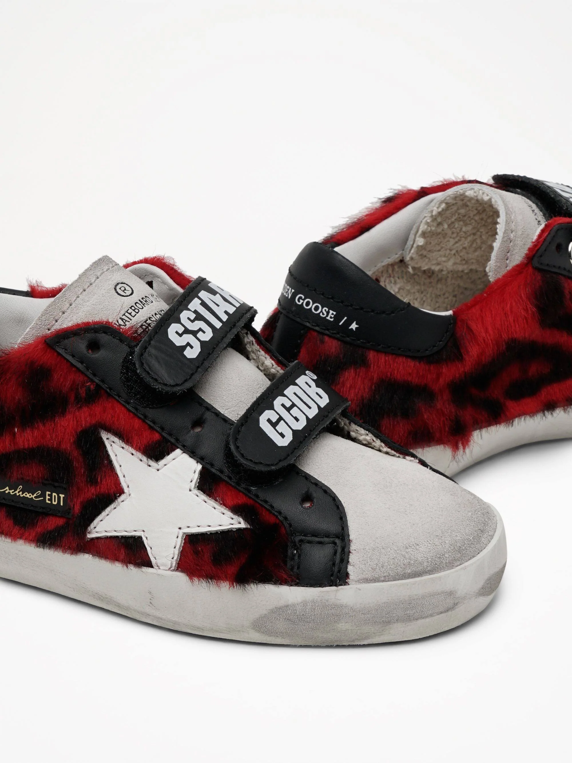 Kids | Old School Red & Black Fur with White Leather Star & Black Heel Tab | Red Black Leo x Ice x White x Black - Image 2