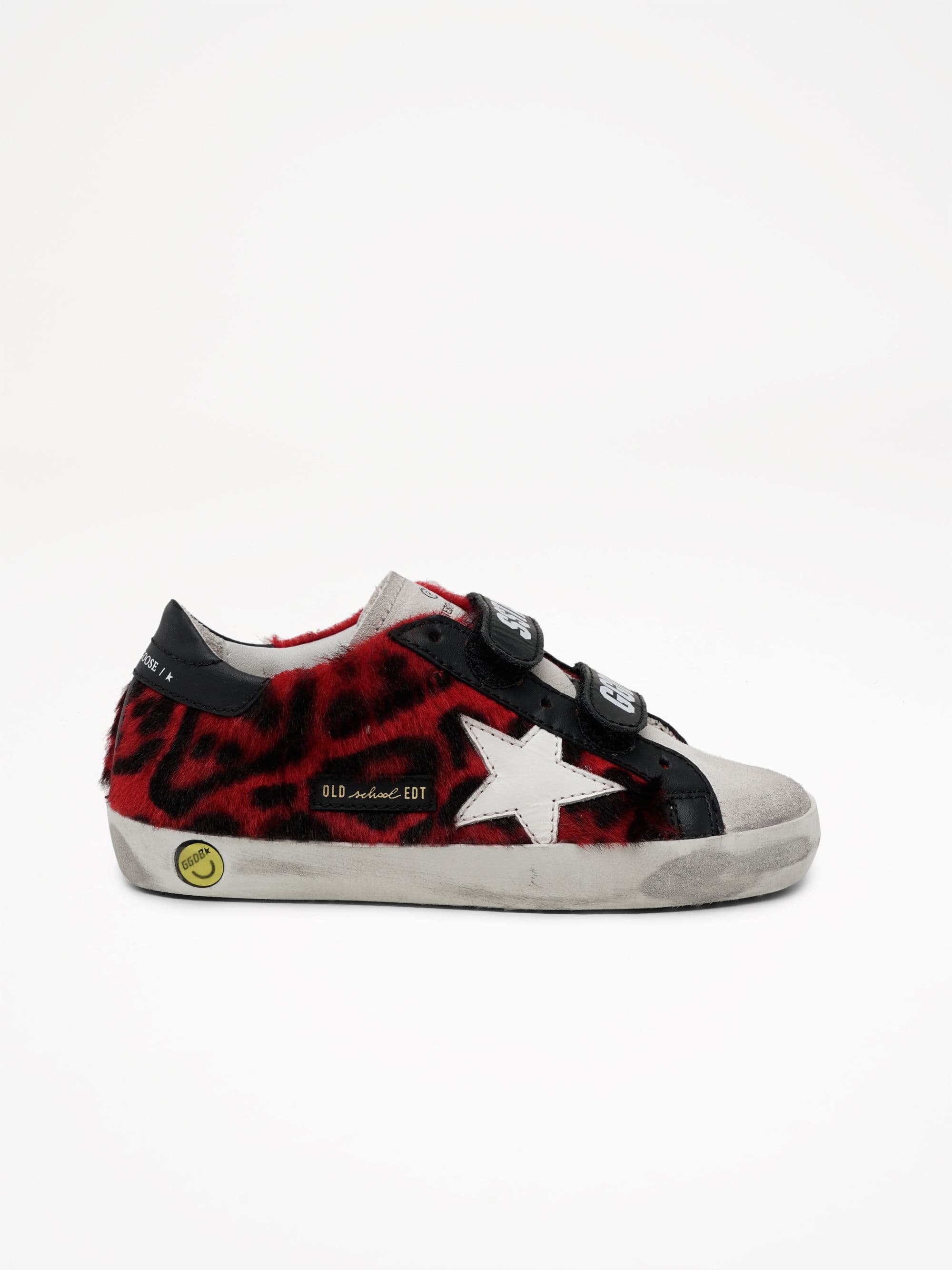 Kids | Old School Red & Black Fur with White Leather Star & Black Heel Tab | Red Black Leo x Ice x White x Black - Image 3