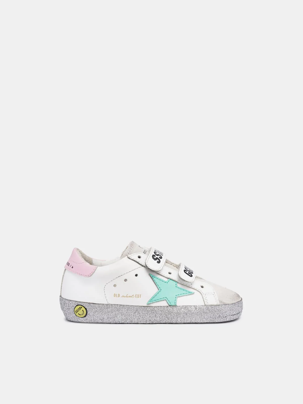 Kids | Old School Sneakers with Soles Sprinkled with Silver Glitter & Biscay-Green Star | White x Ice x Biscay Green x Pink - Image 3