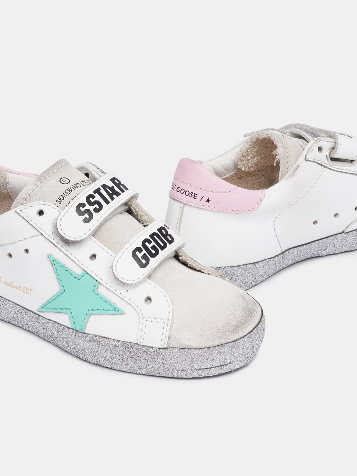 Kids | Old School Sneakers with Soles Sprinkled with Silver Glitter & Biscay-Green Star | White x Ice x Biscay Green x Pink - Image 5