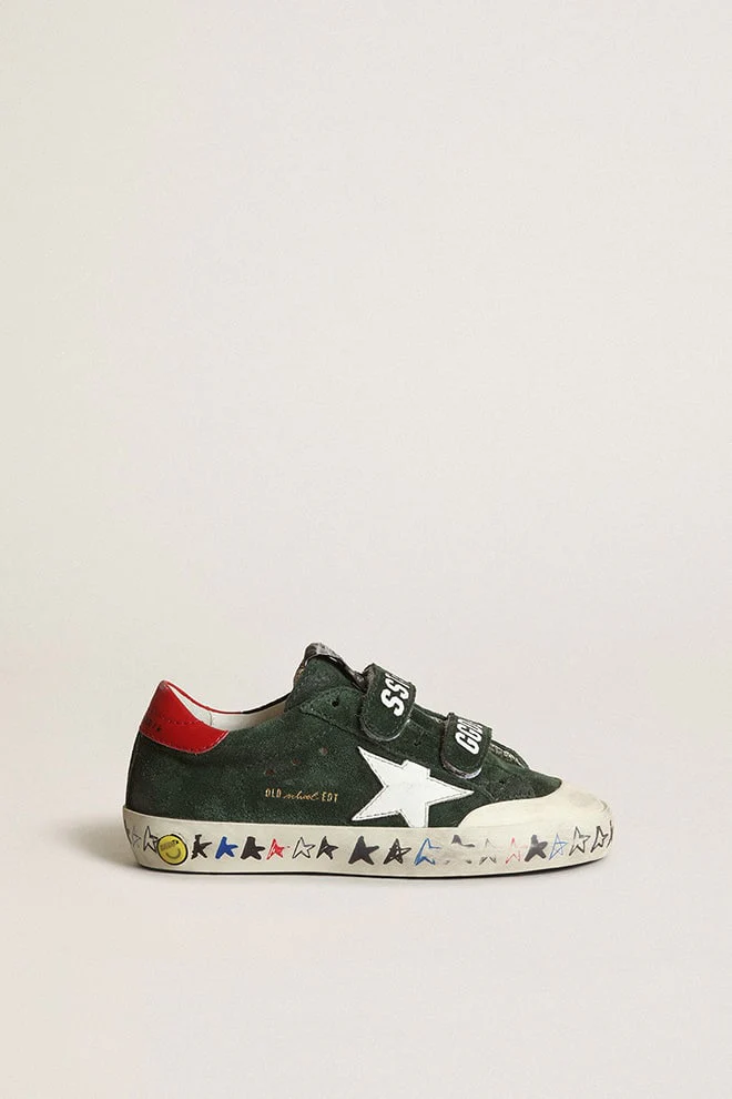 Kids | Old School Young Green Suede with White Star & Red Heel Tab | Green x White x Red - Image 6