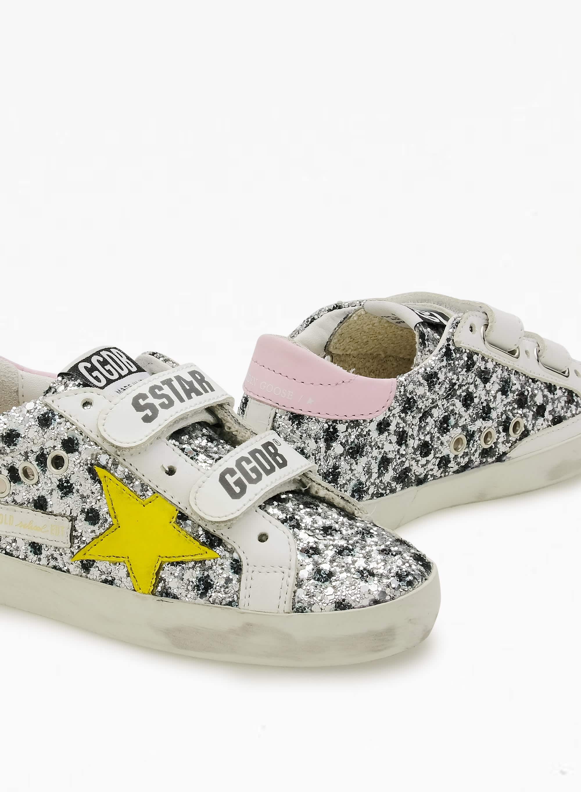 Kids | Old School Young Silver & Black Glitter with Yellow Leather Star & Pink Leather Heel Tab | Silver x Black Pois x White x Yellow x Pink - Image 3