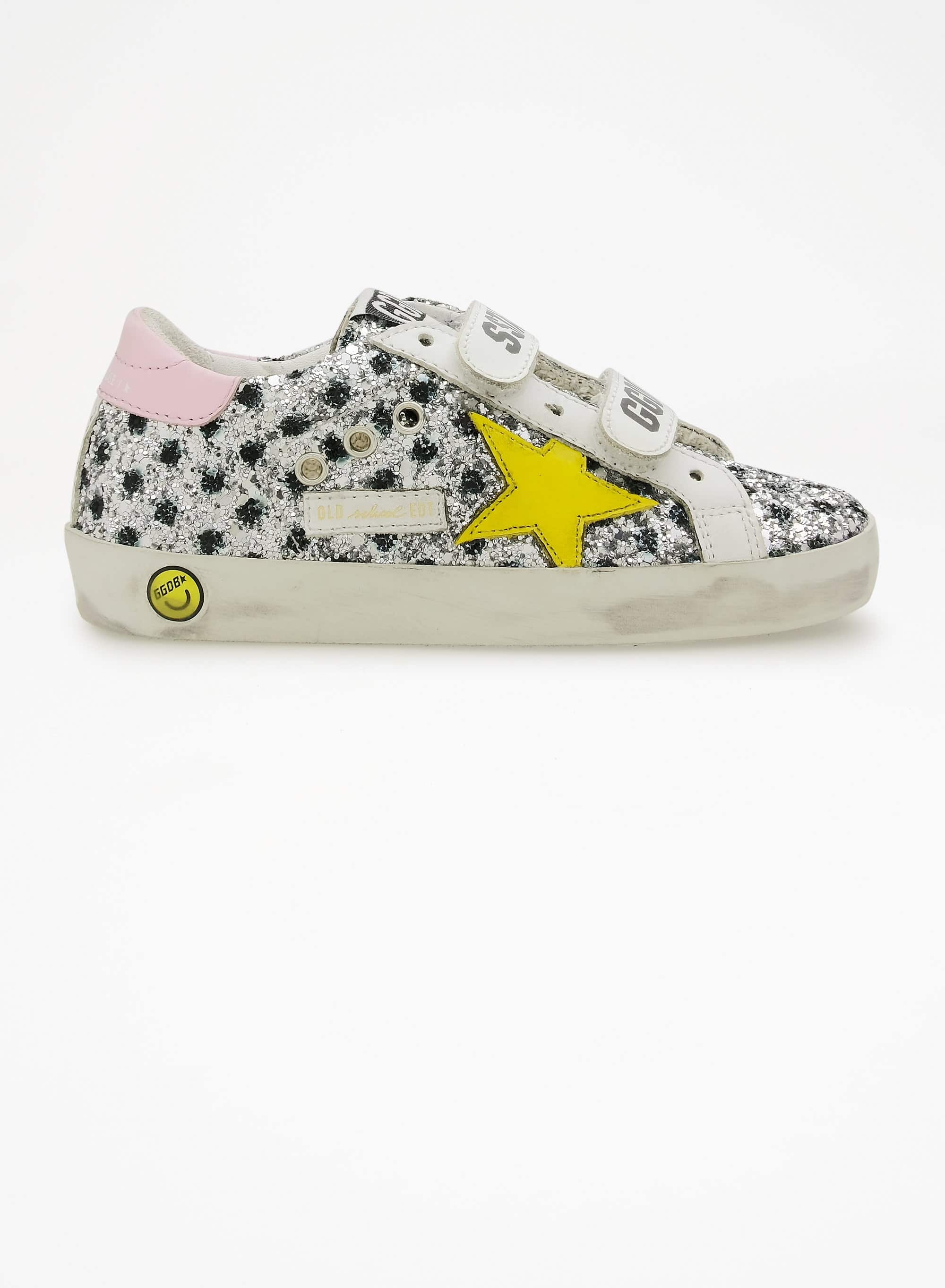 Kids | Old School Young Silver & Black Glitter with Yellow Leather Star & Pink Leather Heel Tab | Silver x Black Pois x White x Yellow x Pink - Image 4