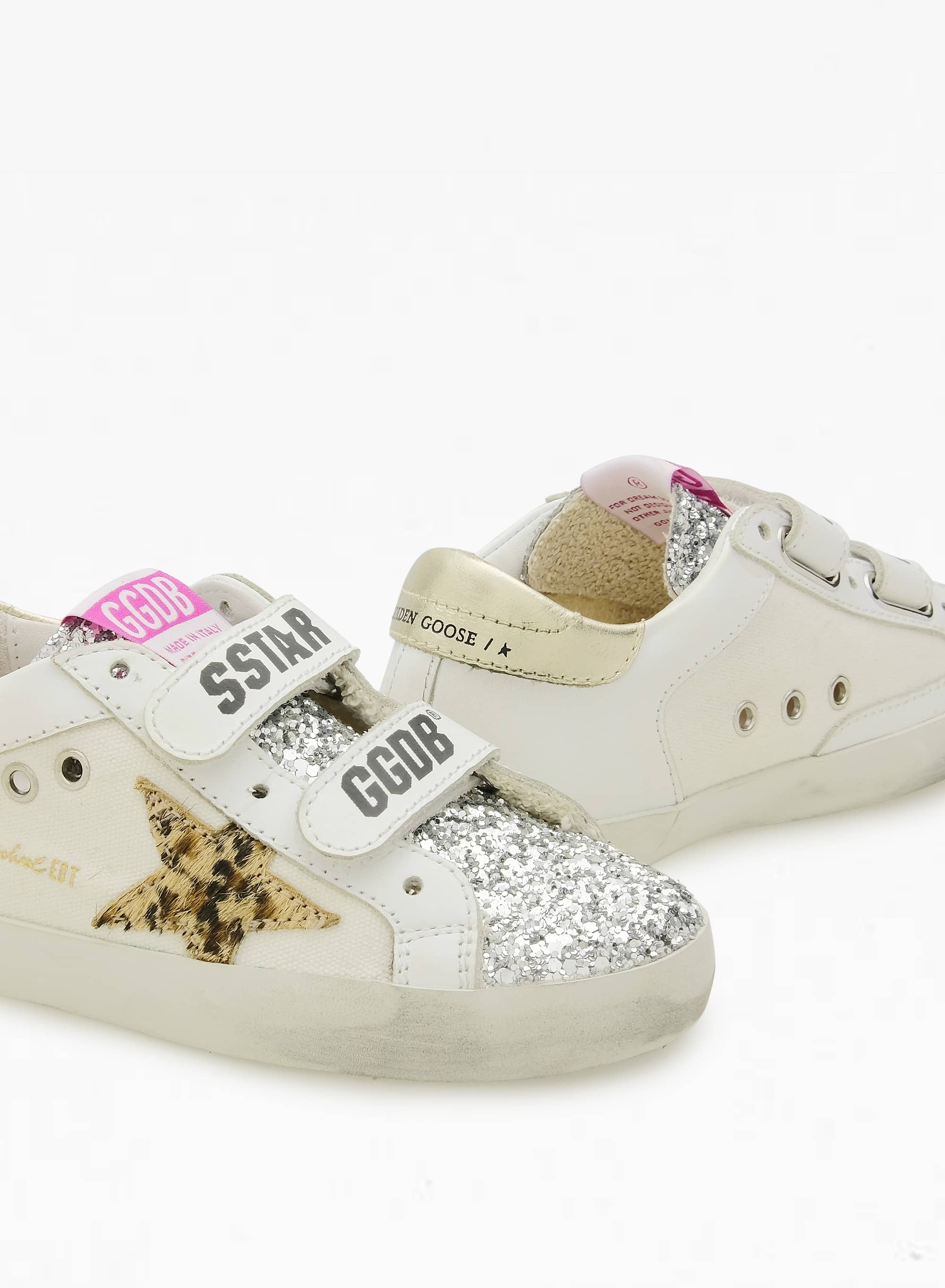 Kids | Old School Young White Leather with Leopard Pony Skin Star & Laminated Gold Leather Heel Tab | White x Silver x Beige Brown Leo x Platinum - Image 4