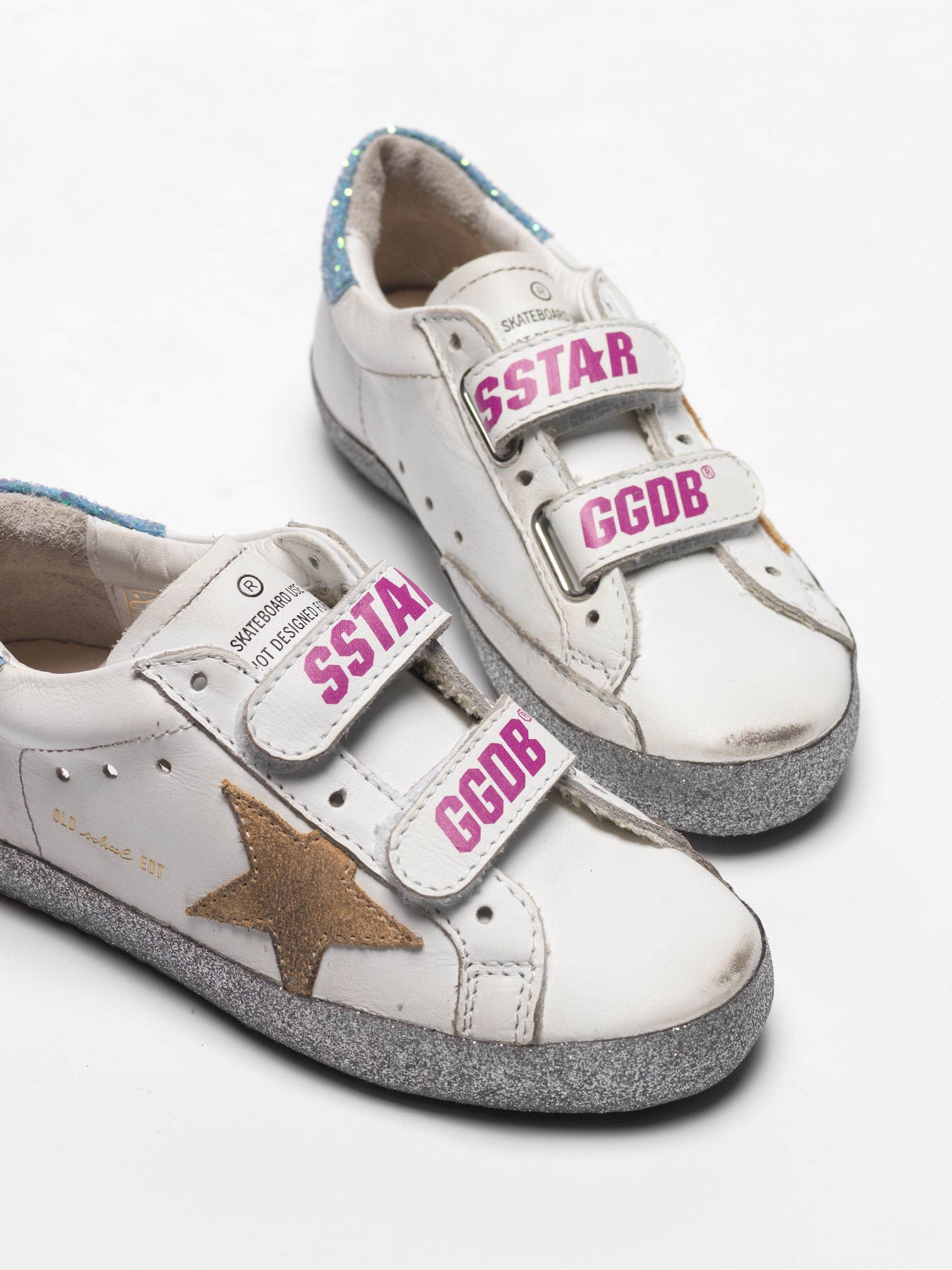 Kids | Old School Young White Leather with Yellow Suede Star & Turquoise Glitter Heel Tab - Image 2