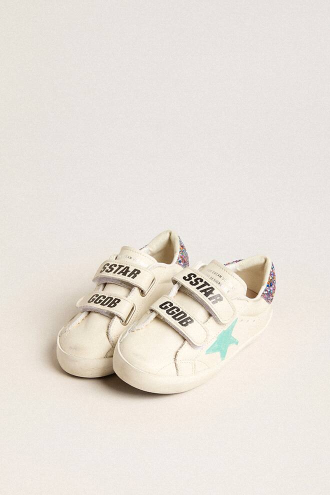 Kids | Old School Young White Nappa with Multicolor Glitter Heel Tab | White x Aqua Green x Multicolor - Image 3