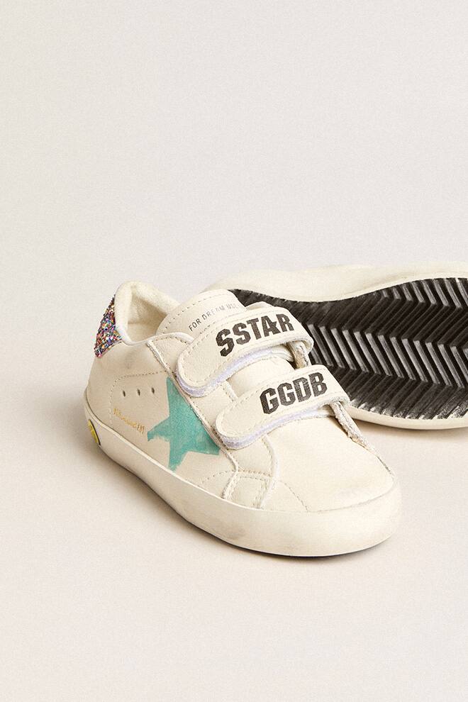 Kids | Old School Young White Nappa with Multicolor Glitter Heel Tab | White x Aqua Green x Multicolor - Image 4