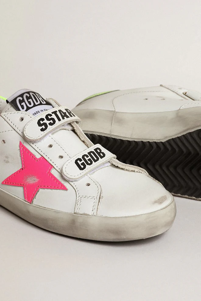 Kids | Old School Young with Pink Star & Yellow Heel Tab | White x Fluo Pink x Fluo Yellow - Image 3