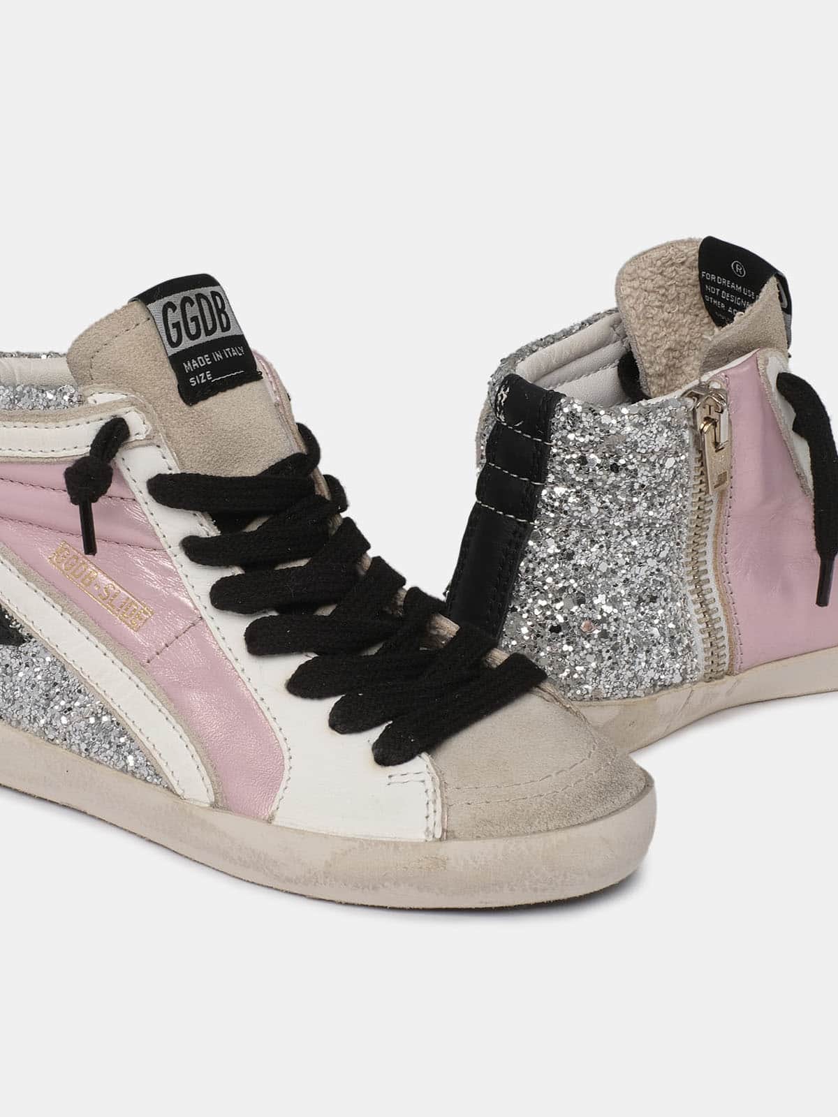 Kids | Slide Laminated & Glitter Upper Leather Star | Salmon Pink x Silver x Ice x White x Black - Image 2