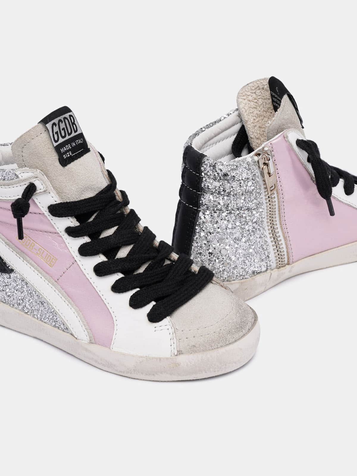 Kids | Slide Laminated & Glitter Upper Leather Star | Salmon Pink x Silver x Ice x White x Black - Image 6