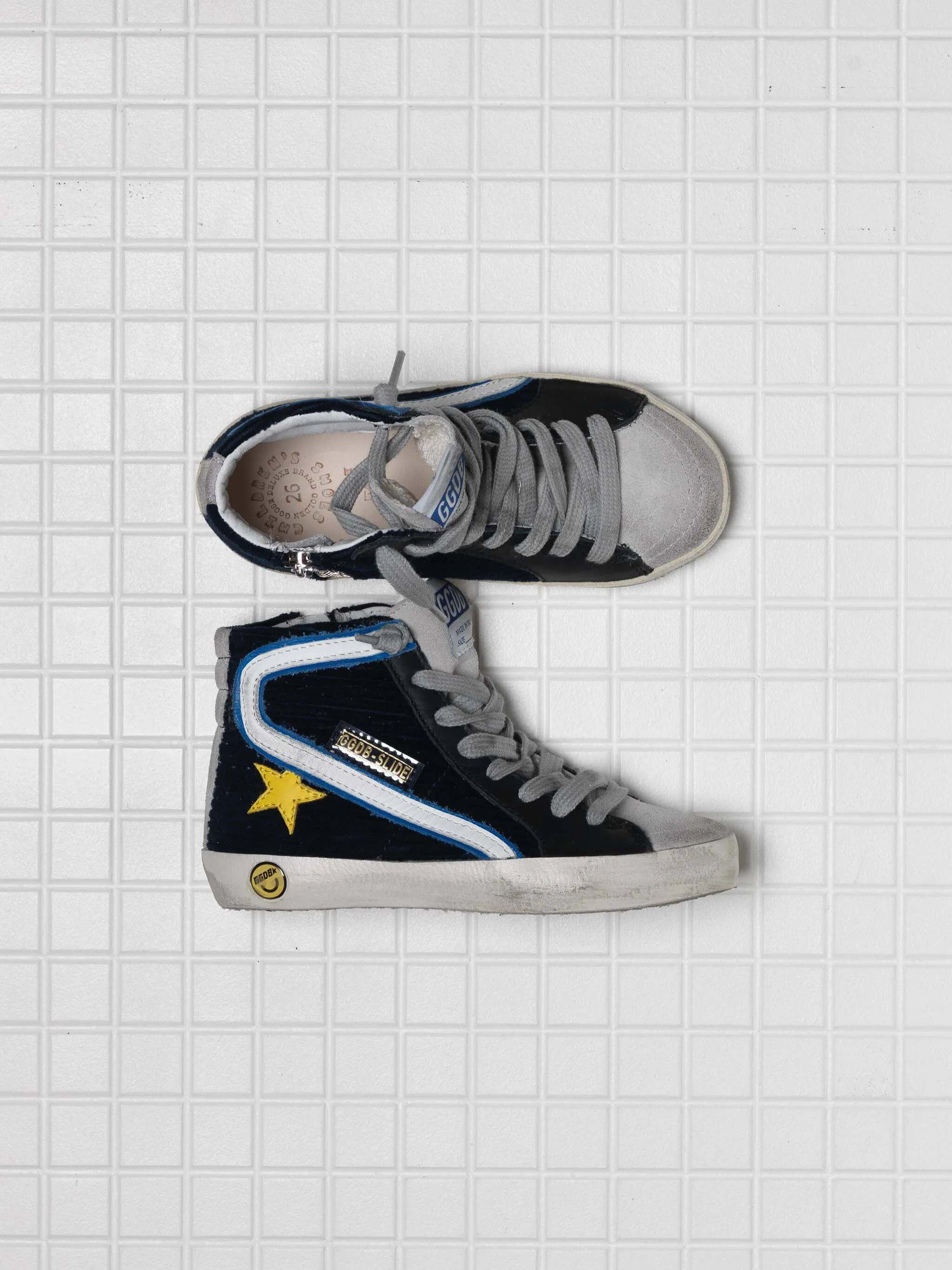 Kids | Slide Sneakers Black Suede with White & Blue Flash - Image 2