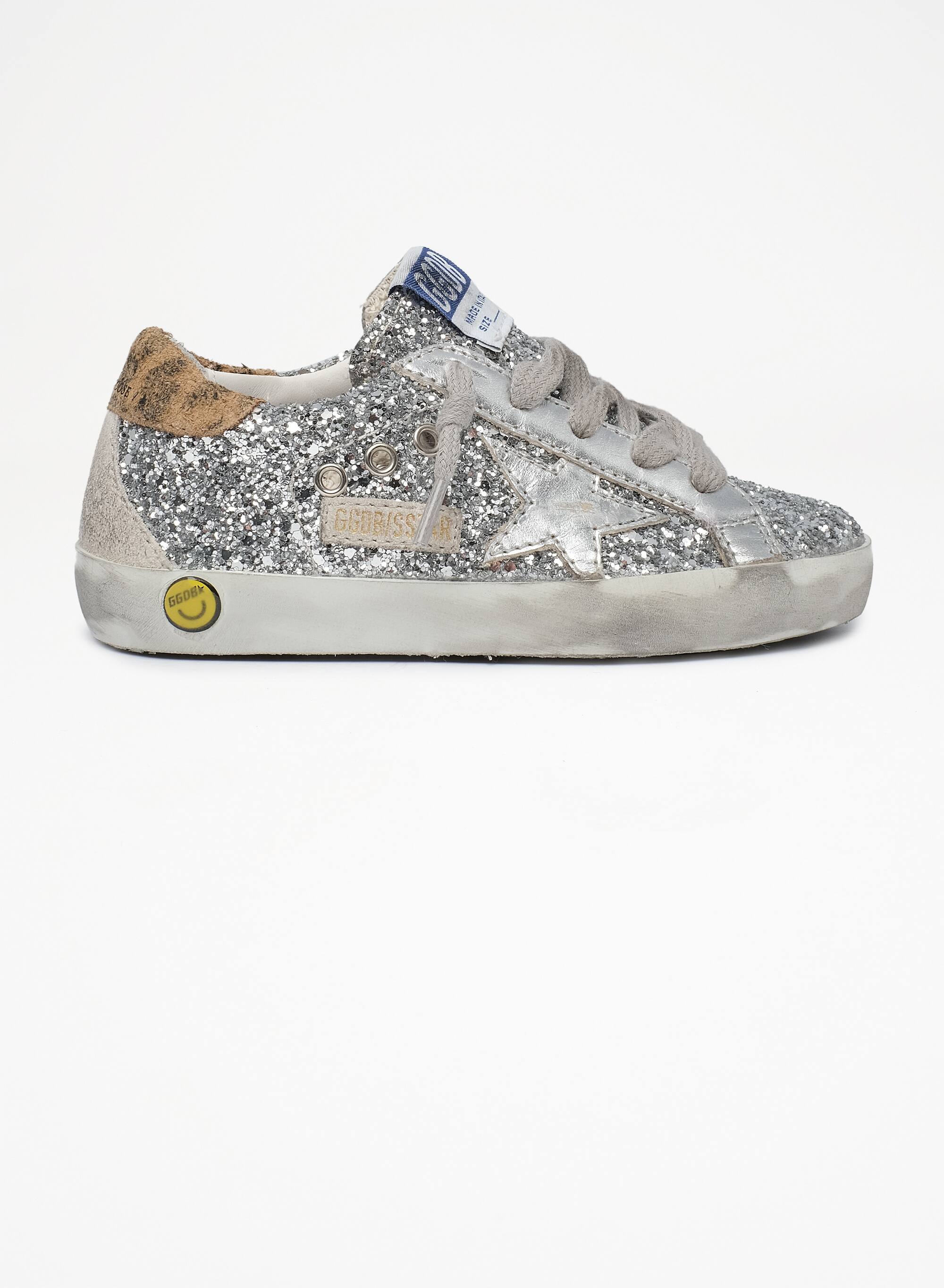 Kids | Super-Star Junior Sneakers Silver Glitter with Silver Leather Star & Beige Suede Heel Tab | Silver x Beige Brown Leo x Ice - Image 3