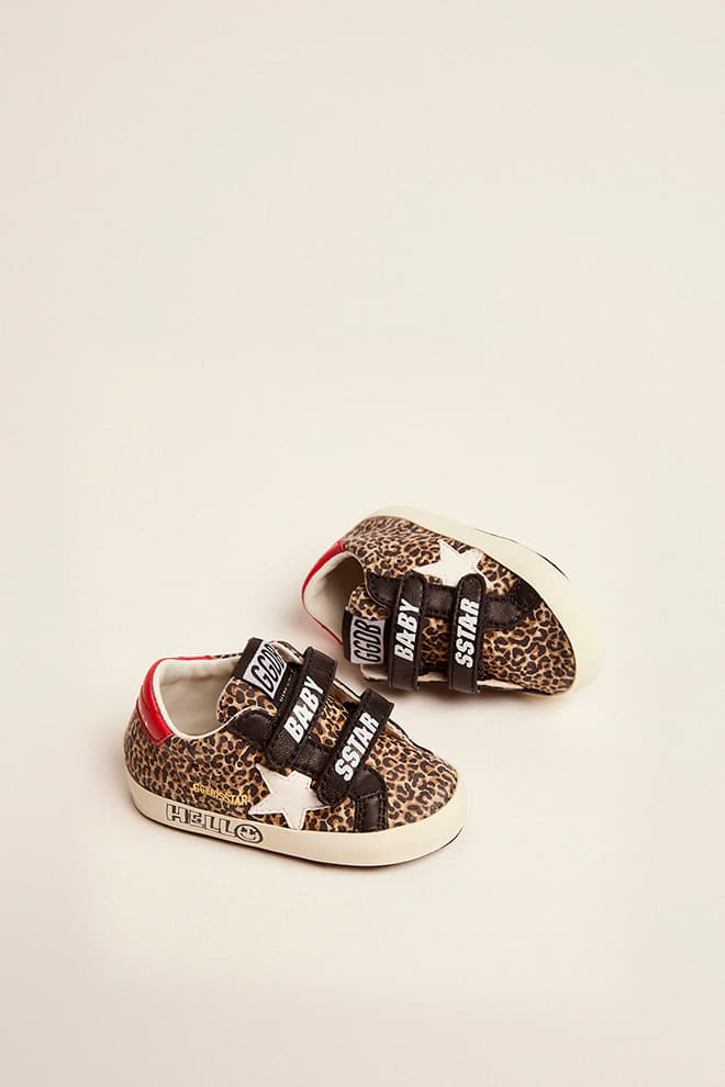 Kids | Super-Star School with Leopard Print & White Leather Star | Beige Brown Leo x Black x White x Red - Image 2