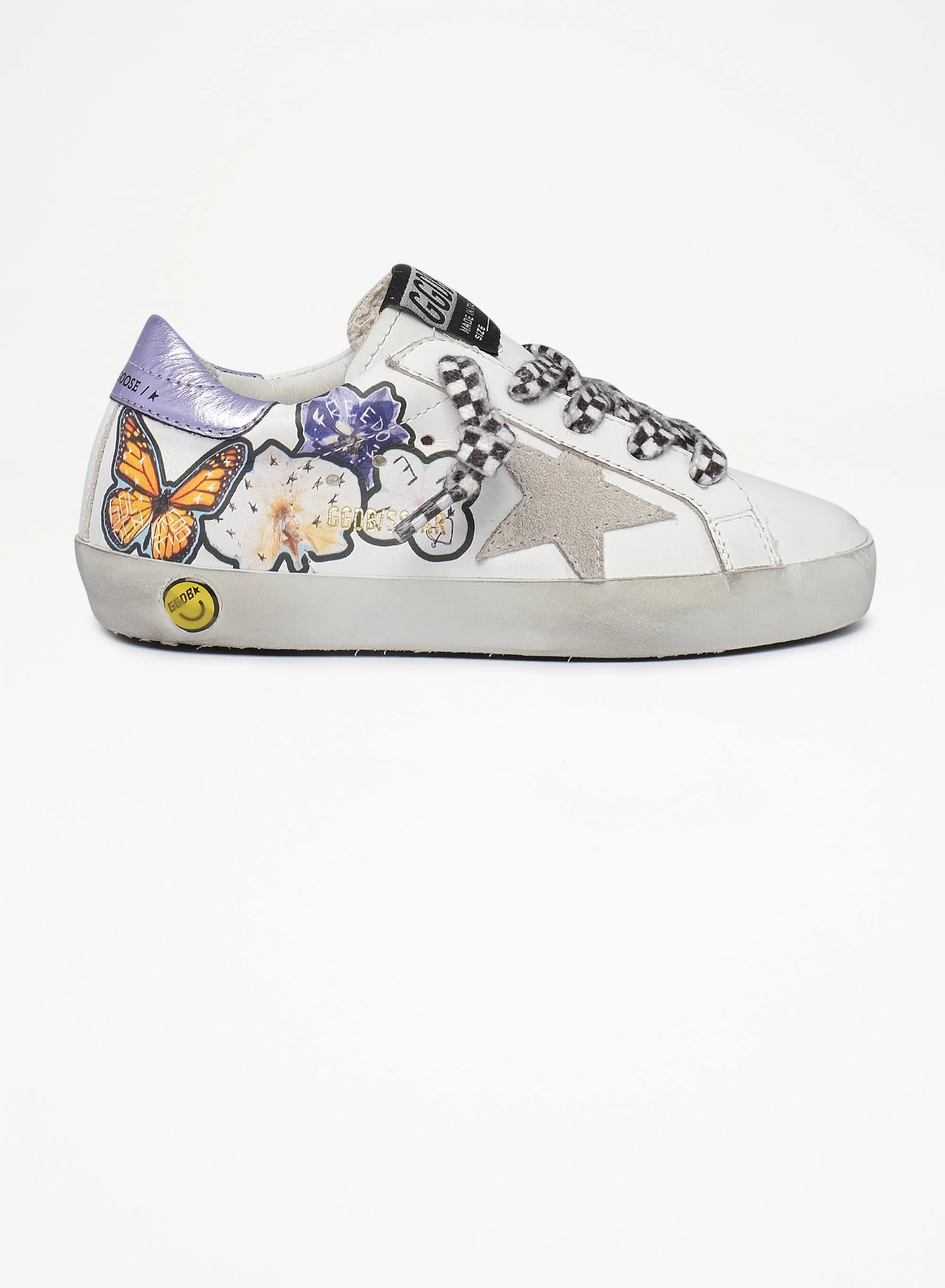 Kids | Super-Star Sneakers White Leather with Flowers & Lilac Laminated Heel Tab | White x Multicolor x Ice x Lavender - Image 2