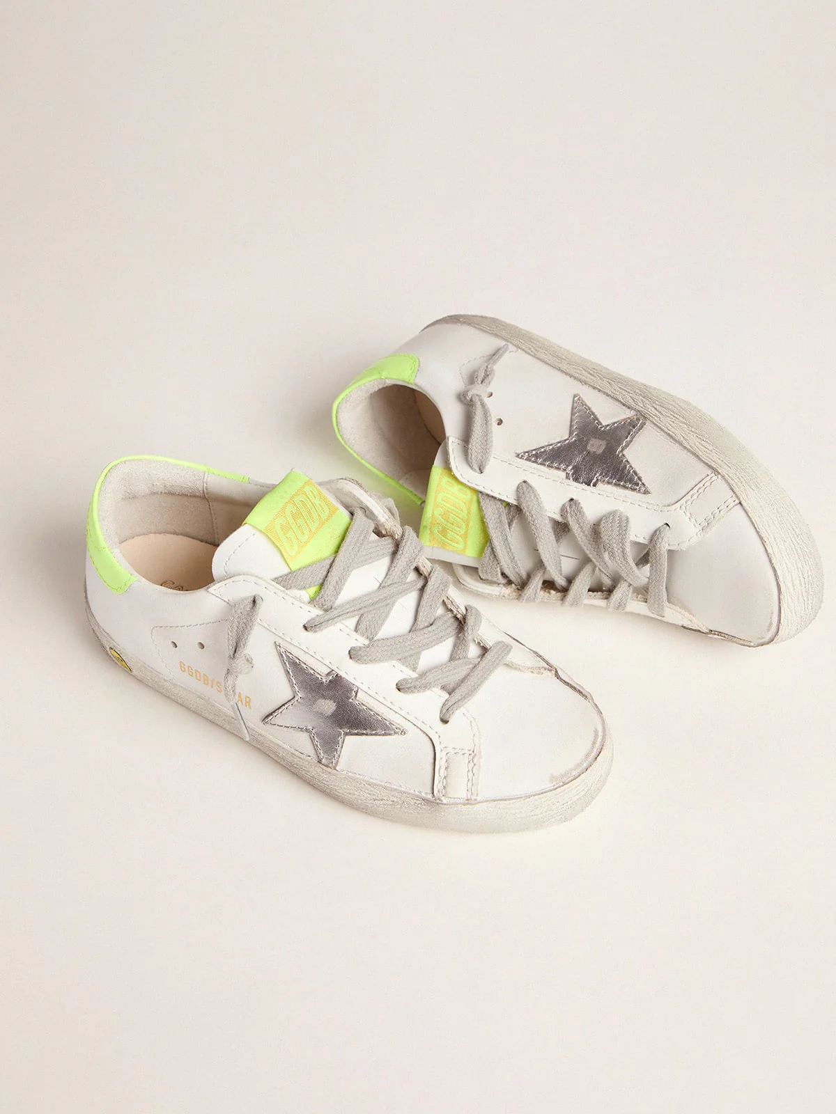 Kids | Super-Star Sneakers with Fluorescent Yellow Heel Tab & Silver Star | White x Silver x Yellow Fluo (V2) - Image 3
