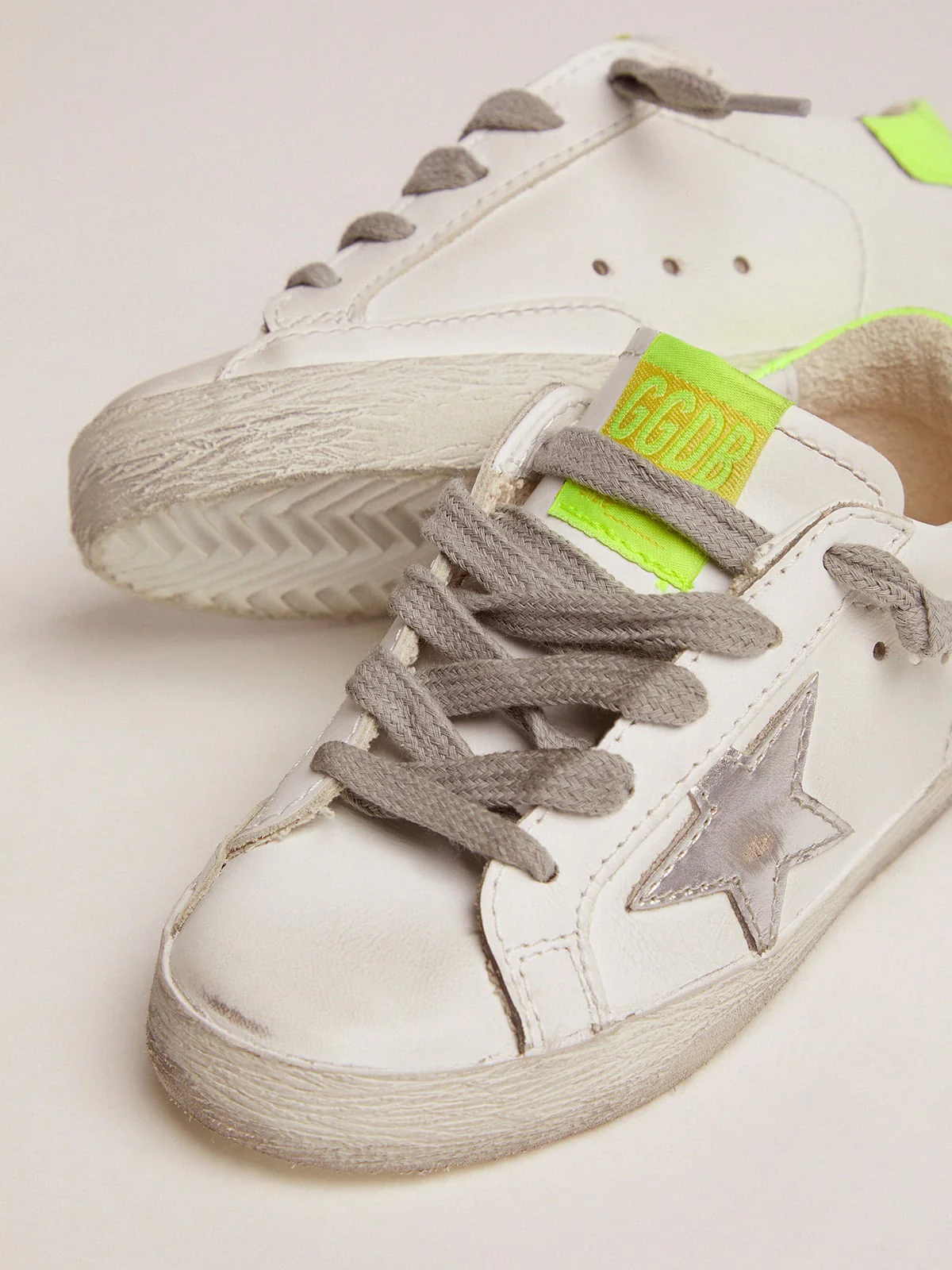 Kids | Super-Star Sneakers with Fluorescent Yellow Heel Tab & Silver Star | White x Silver x Yellow Fluo (V2) - Image 5