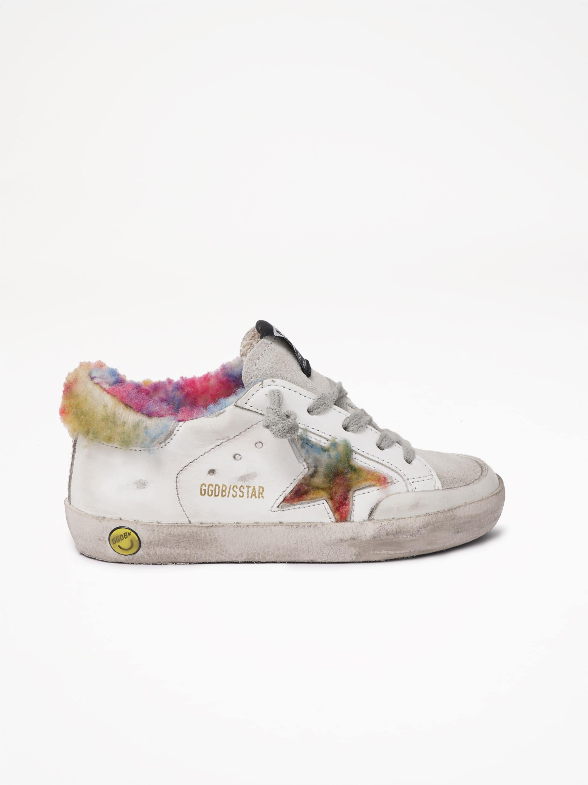 Kids | Super-Star Sneakers with Rainbow Shearling Inserts | White x Multicolor x Ice - Image 4