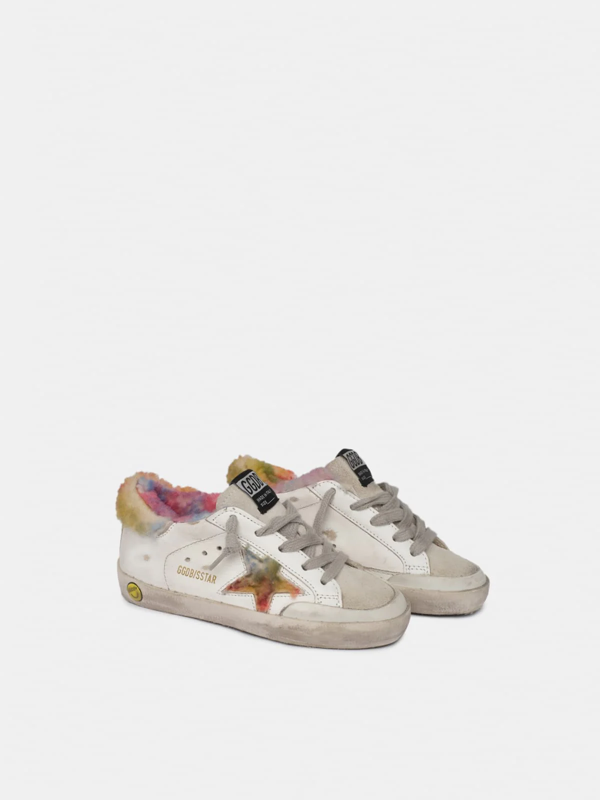 Kids | Super-Star Sneakers with Rainbow Shearling Inserts | White x Multicolor x Ice - Image 6