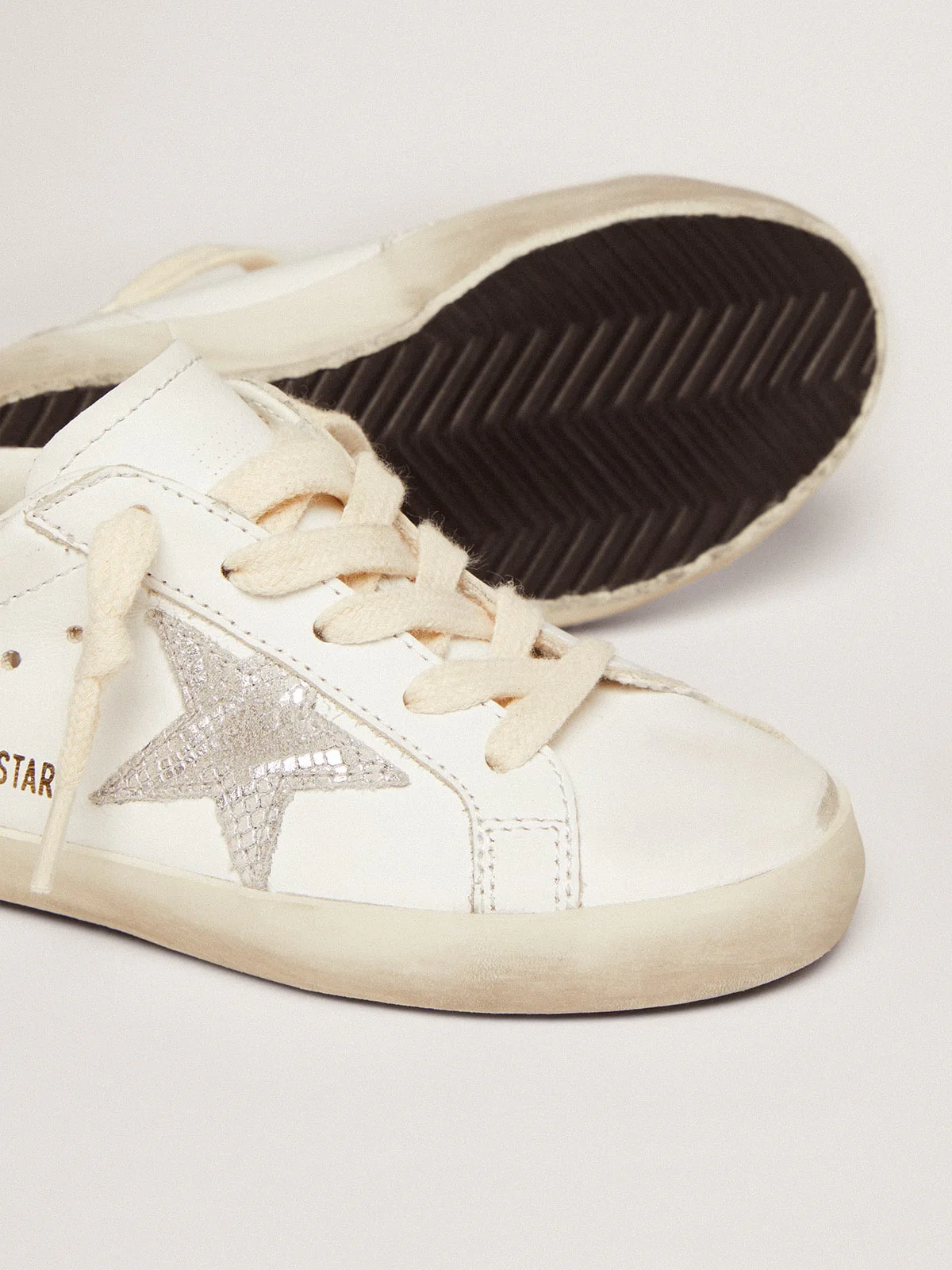Kids | Super-Star Sneakers with Snake-Print Silver Metallic Leather Star & Gold Glitter Heel Tab | White x Silver x Gold - Image 5