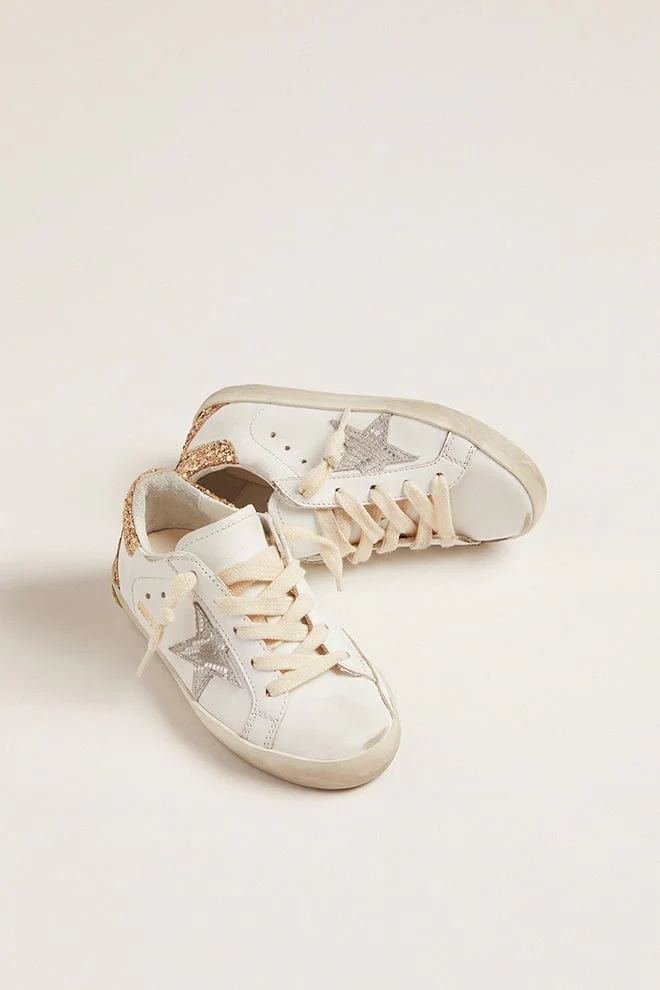 Kids | Super-Star Sneakers with Snake-Print Silver Metallic Leather Star & Gold Glitter Heel Tab | White x Silver x Gold - Image 8