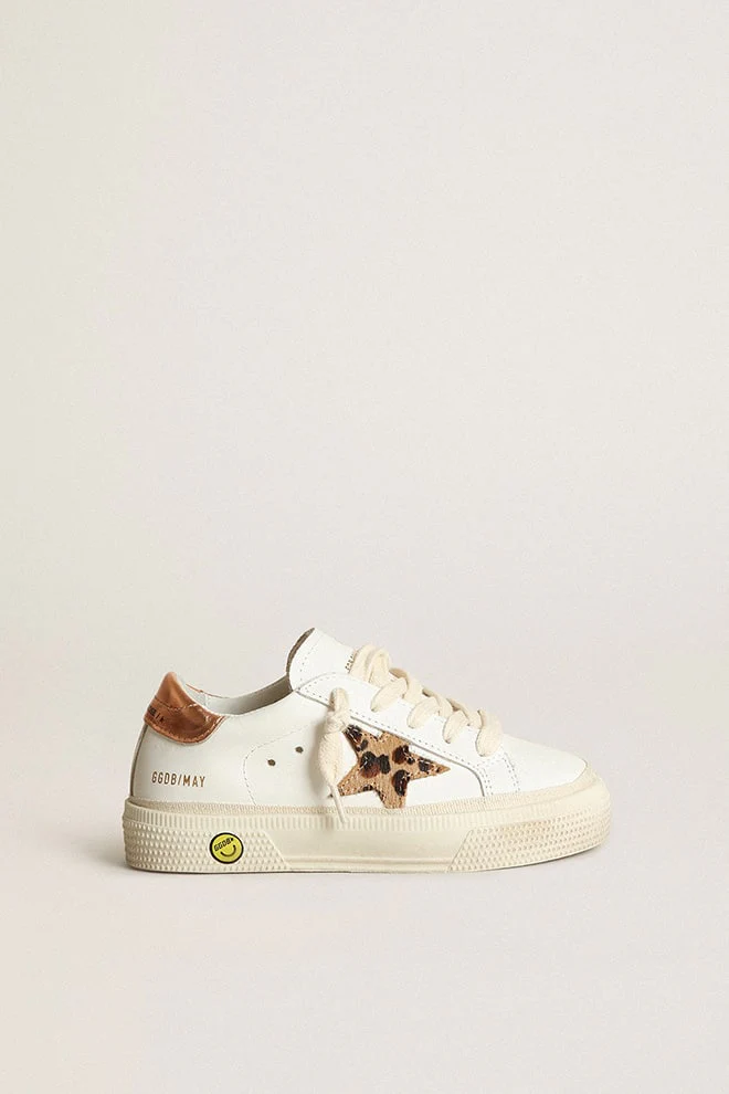 Kids | Super-Star Teen White Leather with Animal-Print Star & Brown Metallic Heel Tab | White x Beige Brown Leo x Chocolate Brown - Image 3