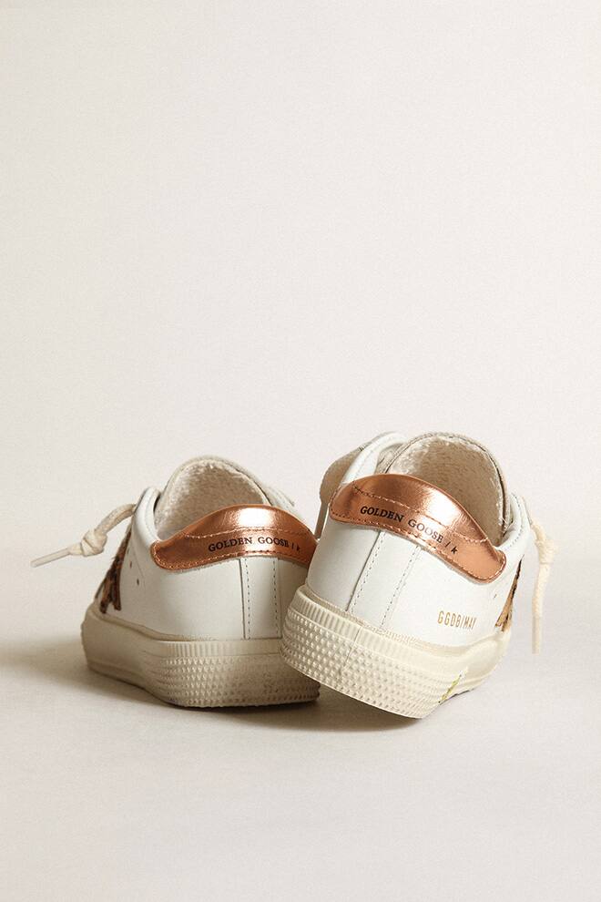 Kids | Super-Star Teen White Leather with Animal-Print Star & Brown Metallic Heel Tab | White x Beige Brown Leo x Chocolate Brown - Image 4