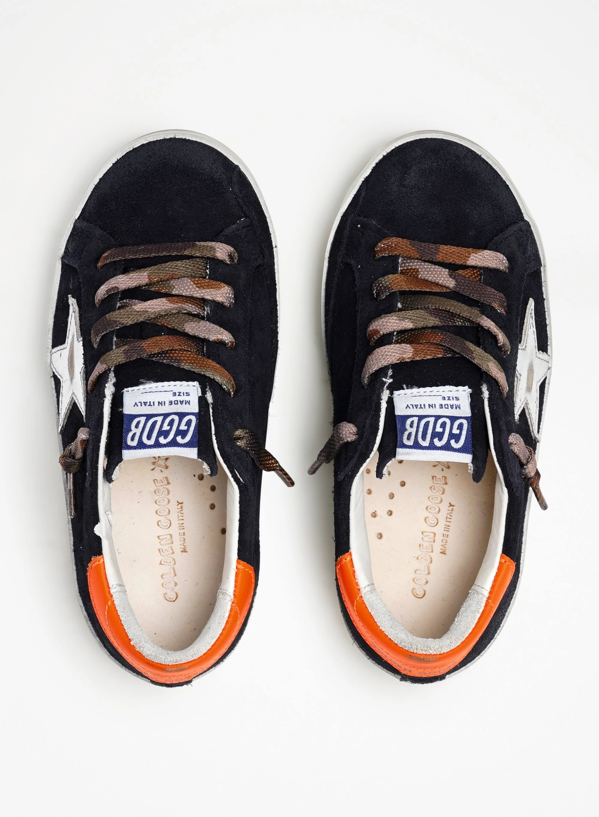 Kids | Super-Star Young Black Suede with Silver Metallic Star & Orange Heel Tab | Night Blue x Silver x Fluo Orange - Image 4