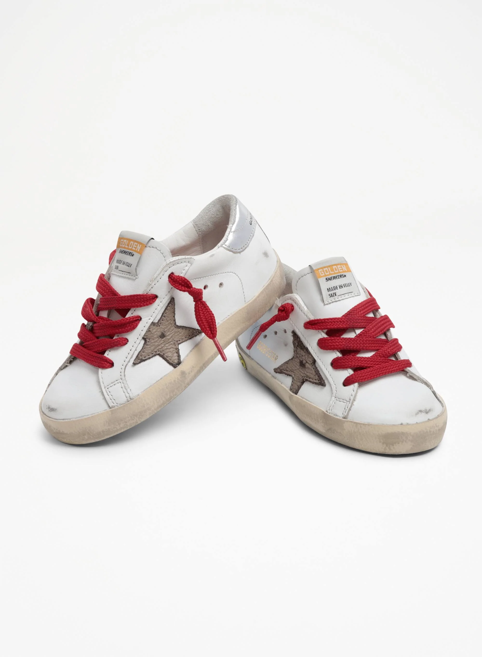 Kids | Super-Star Young White Leather with Brown Star & Silver Metallic Heel Tab | White x Kaki x Silver - Image 2