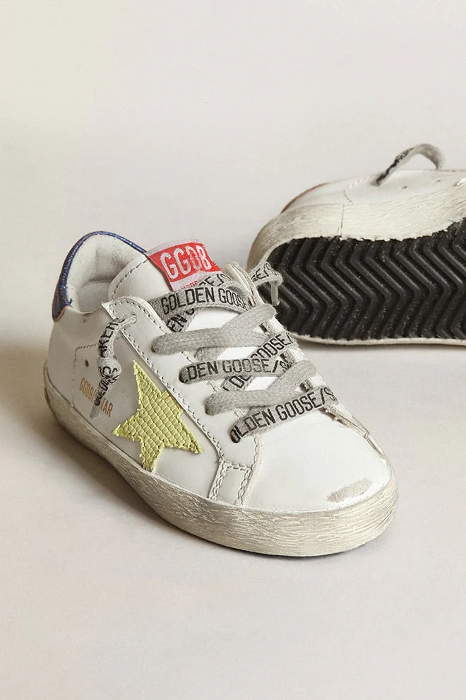 Kids | Super-Star Young White Leather with Light Green Star & Blue Metallic Heel Tab | White x Light Green x Bluette - Image 5