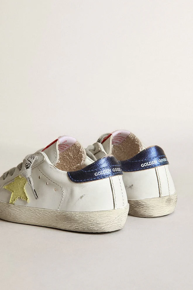 Kids | Super-Star Young White Leather with Light Green Star & Blue Metallic Heel Tab | White x Light Green x Bluette - Image 7