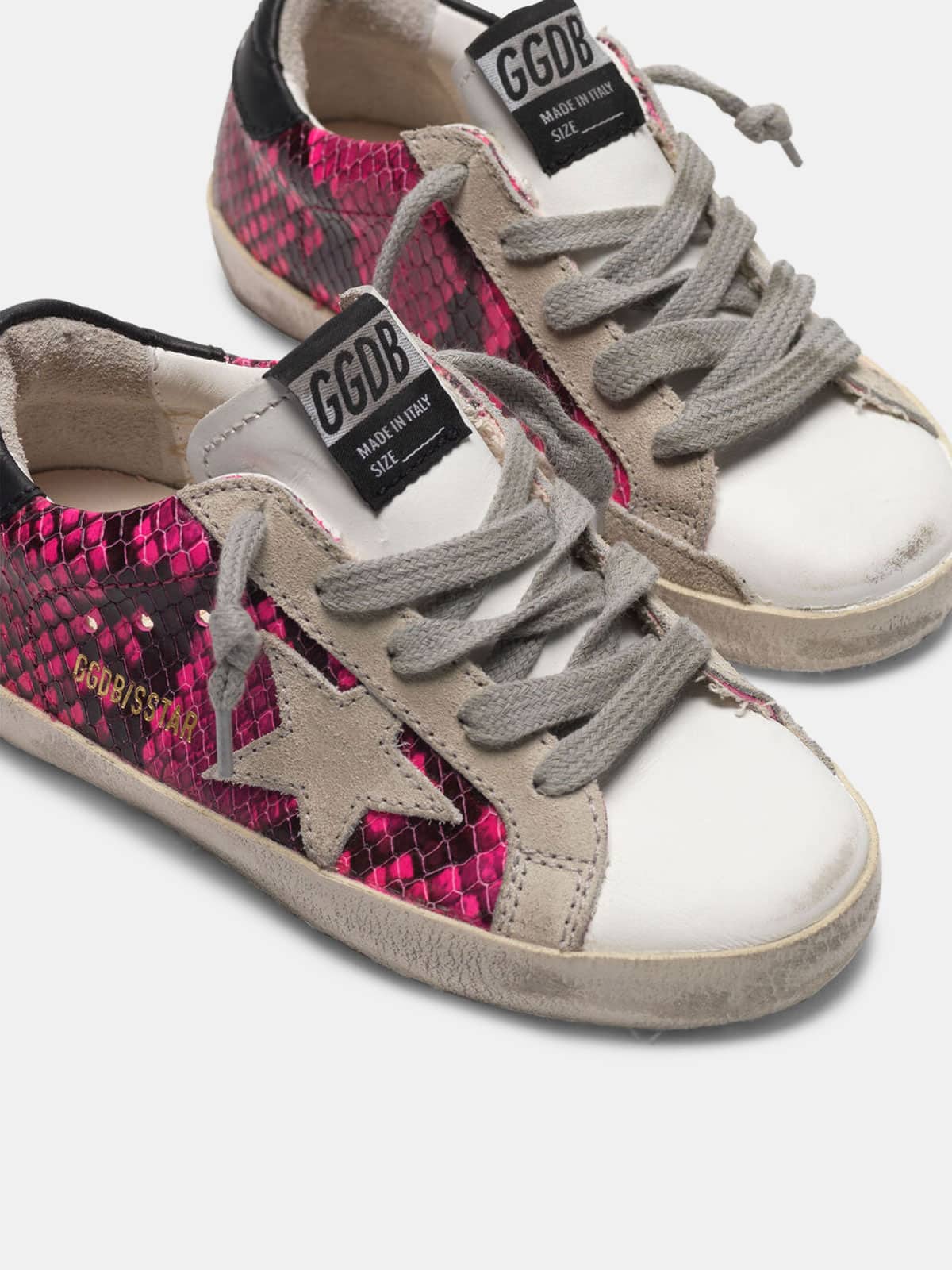 Kids | White & Fuchsia Snakeskin-Print Super-Star Sneakers - Image 2