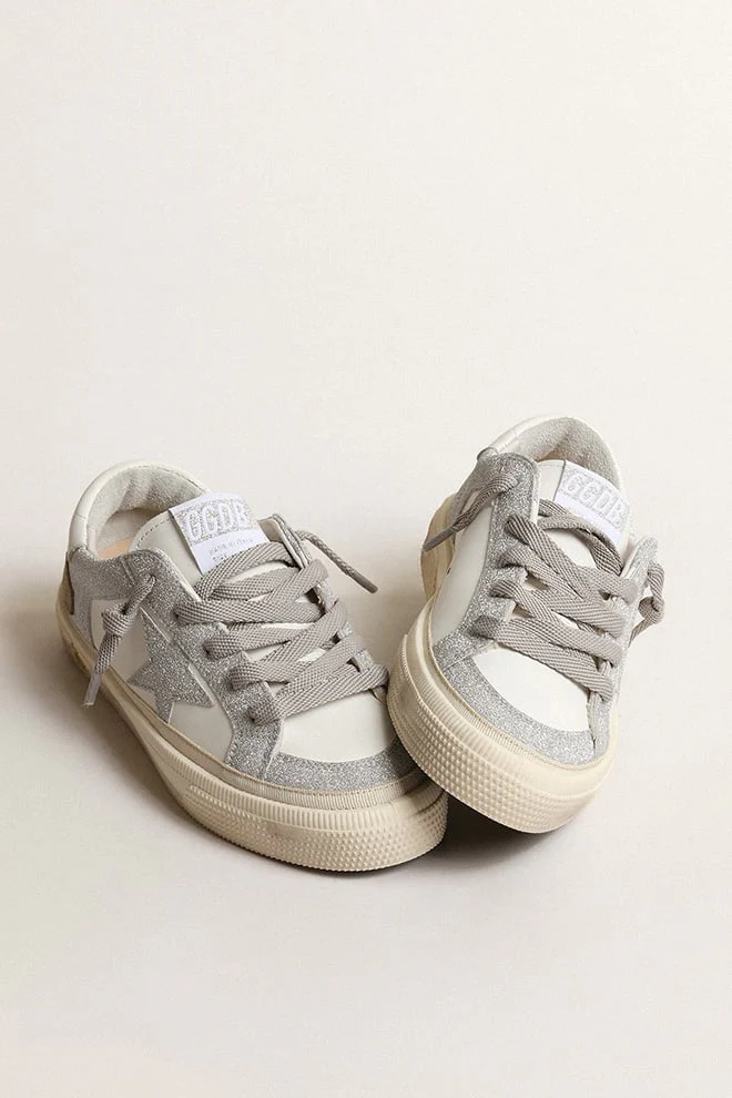 Kids | Young May White Leather & Silver Glitter | White x Silver - Image 2