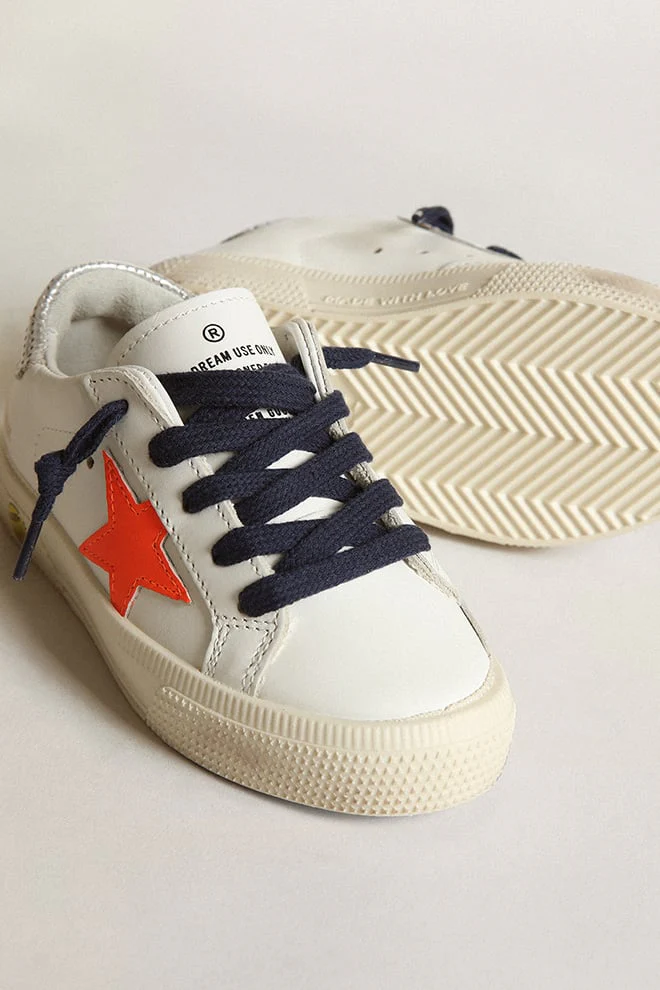 Kids | Young May with Fluorescent Orange Leather Star & Perforated Heel | White x Fluo Orange x Silver - Image 4