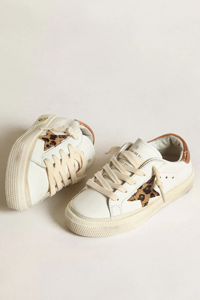 Kids | Young May with Leopard Print Pony Skin Star & Copper-Colored Heel | White x Beige Brown Leo x Chocolate Brown - Image 2