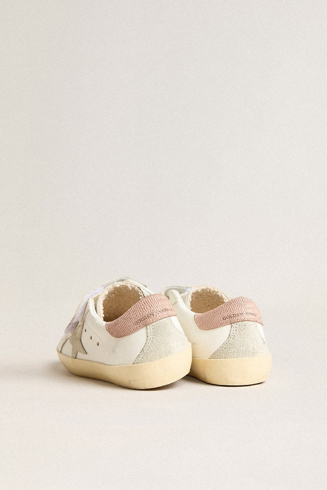 Kids | Young Old School Leather with Gray Suede Star & Old Rose Heel Tab | White x Ice x Antique Pink - Image 3